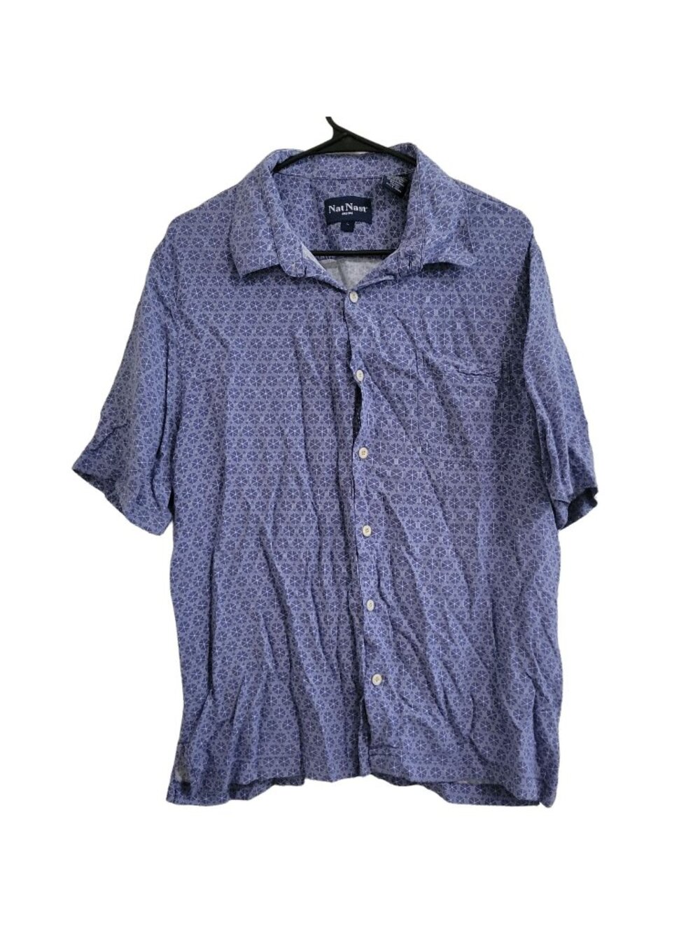 Nat Nast Button Up Shirt Mens Size Large Blue Geometric Print Short Sleeve Rayon